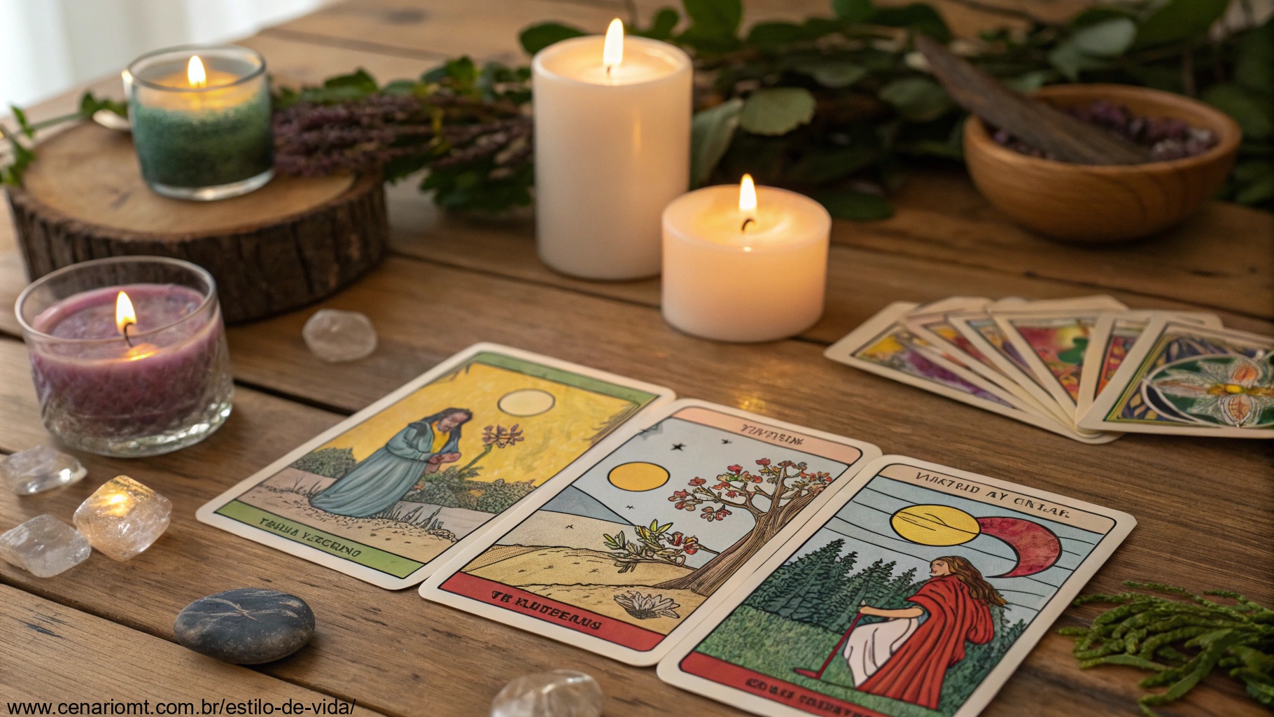 imagem de cartas de tarot dispostas em uma mesa com velas e cristais ao redor, representando amor, saúde, família, sorte e dinheiro