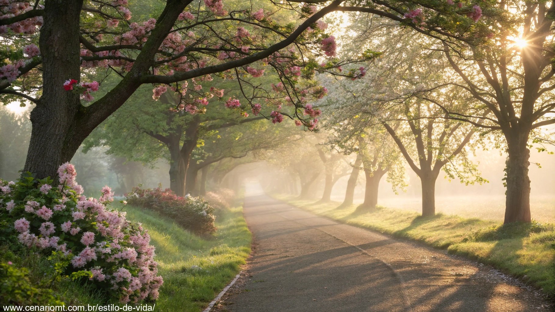 Imagem de uma manhã tranquila com raios de sol entre árvores, simbolizando paz e bênçãos.
