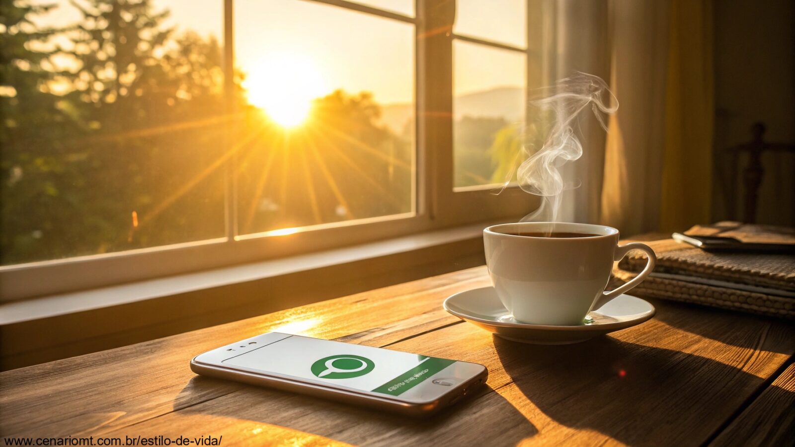 imagem de uma manhã ensolarada com uma xícara de café e um celular com mensagem no WhatsApp