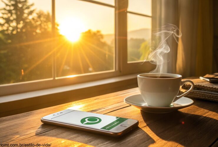 imagem de uma manhã ensolarada com uma xícara de café e um celular com mensagem no WhatsApp