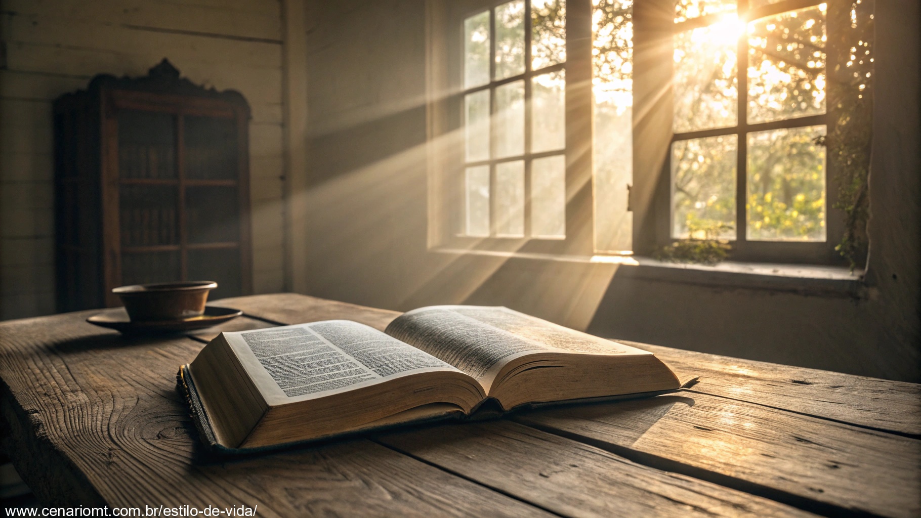 imagem de uma Bíblia aberta em uma mesa com raios de sol simbolizando fé e reflexão.