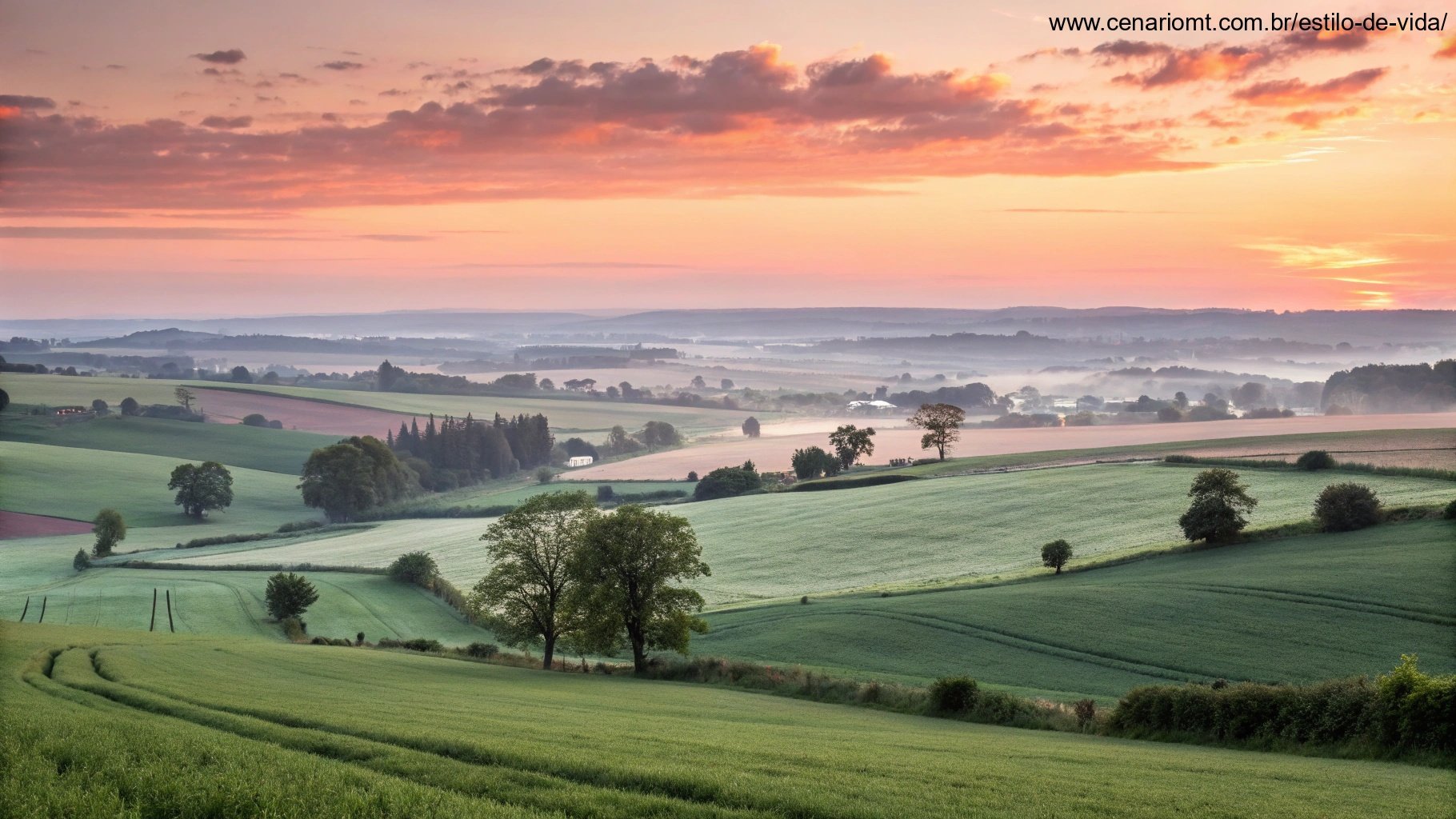 Imagem de um amanhecer sereno sobre campos verdes, simbolizando uma sexta-feira abençoada.