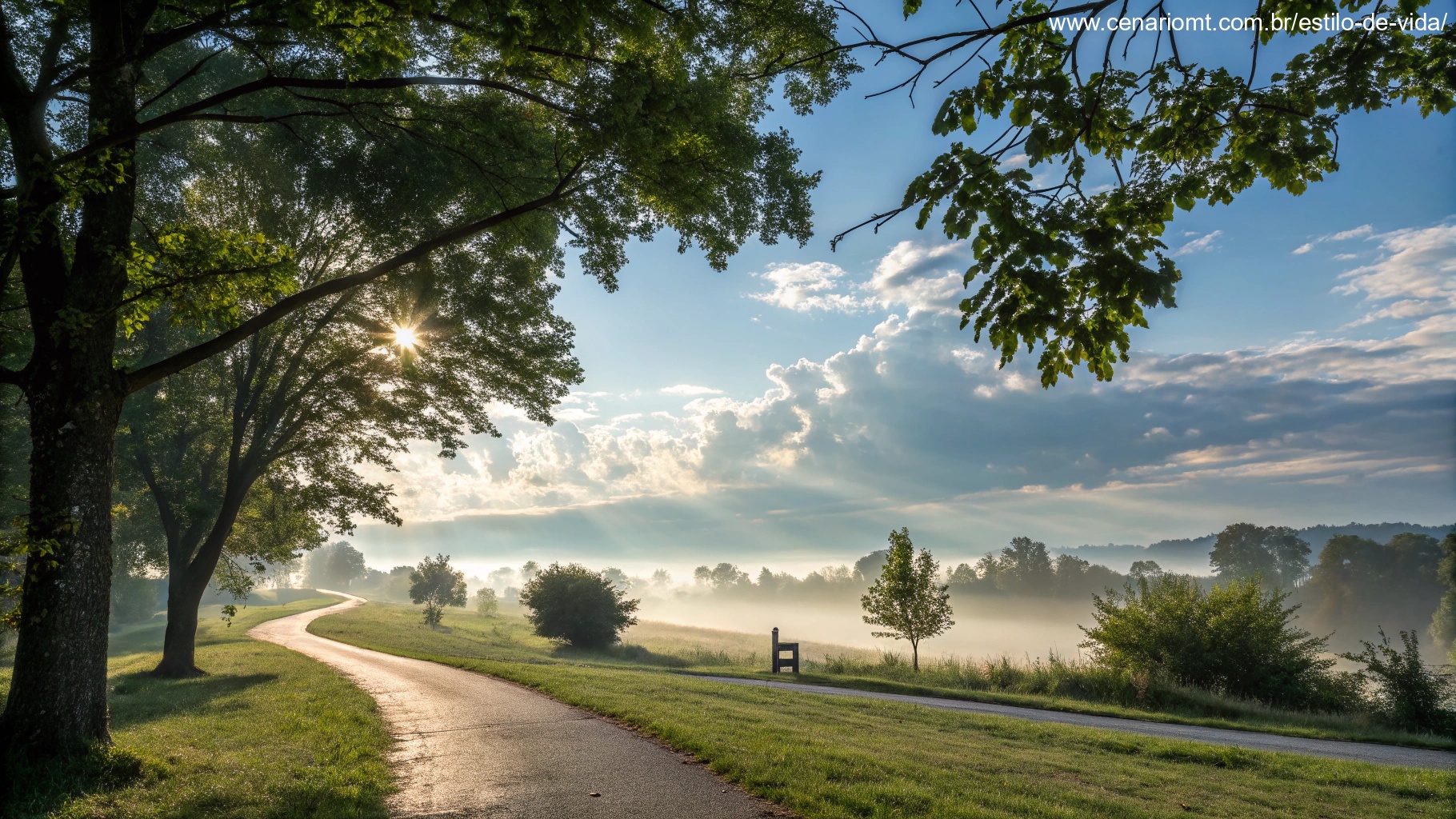 imagem de uma manhã de domingo serena com luz suave e paisagem tranquila