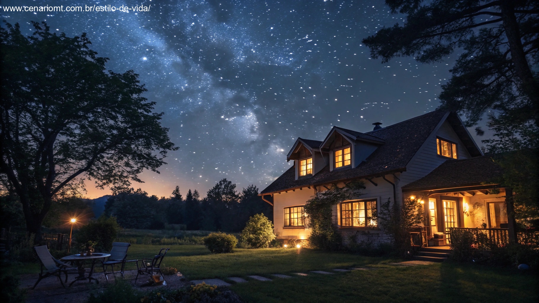 imagem de uma noite tranquila com céu estrelado e uma casa acolhedora