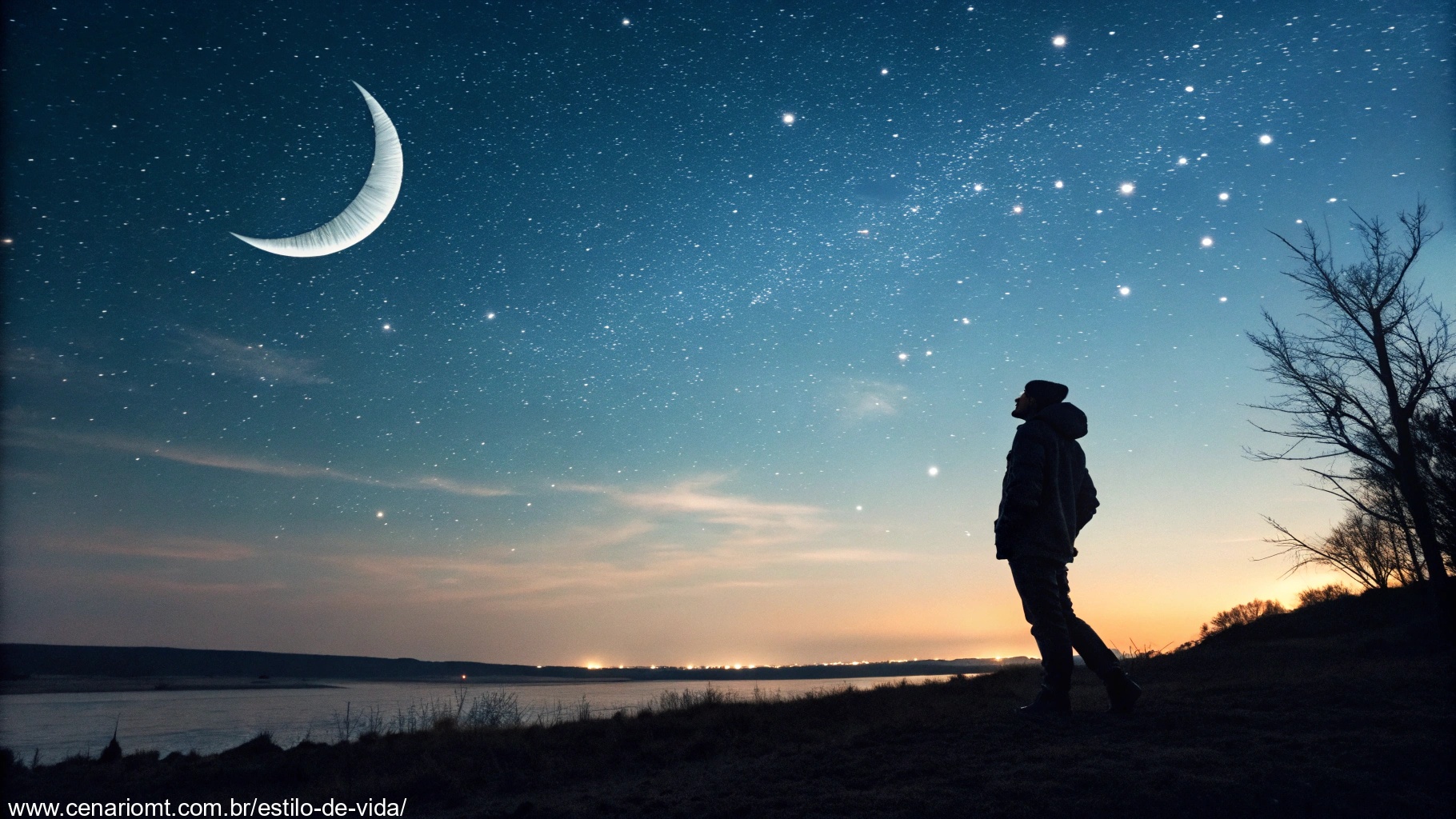 imagem de um céu noturno sereno com lua crescente e estrelas, transmitindo paz e reflexão