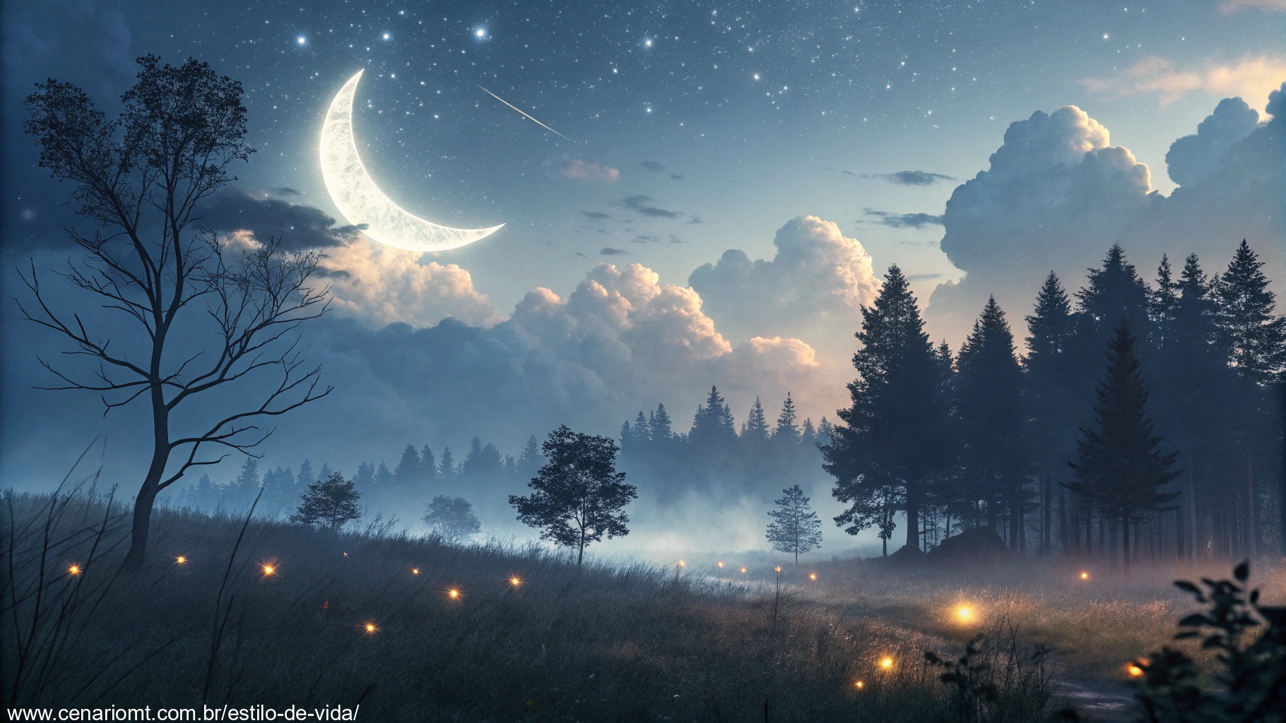 imagem de uma paisagem noturna com lua crescente, floresta e elementos místicos que remetem a sonhos