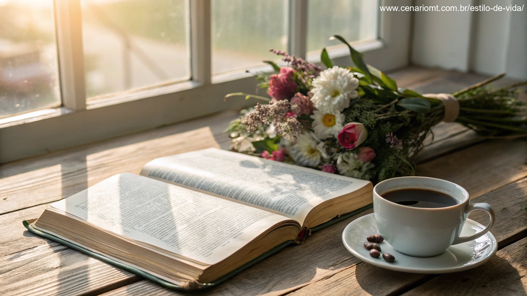 imagem de uma Bíblia sobre uma mesa com luz suave, flores e café, representando fé e tranquilidade