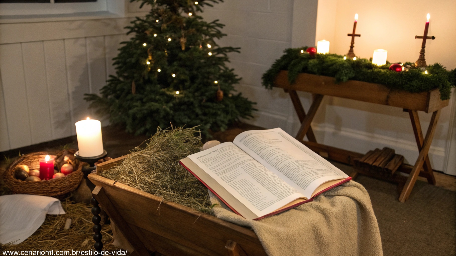 Imagem de uma Bíblia aberta ao lado de uma manjedoura iluminada por velas, simbolizando o Natal e a fé cristã.