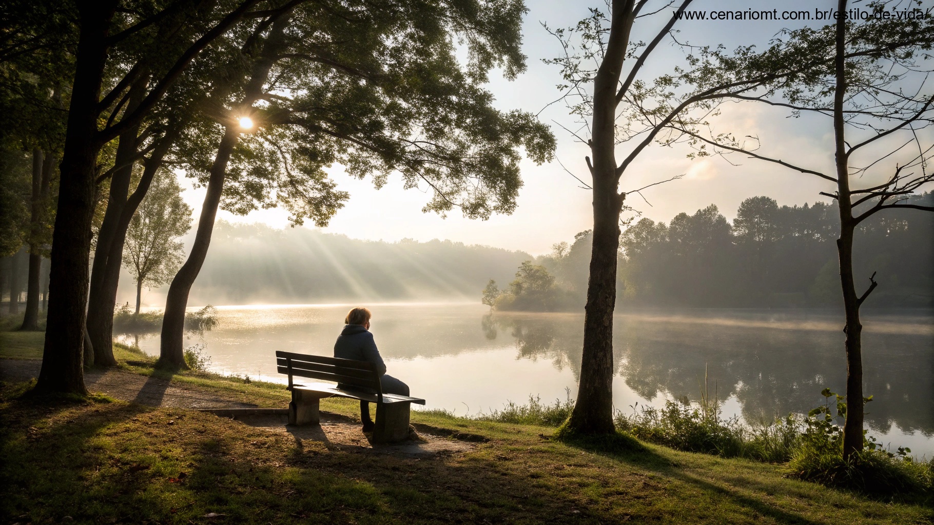 Imagem de uma manhã serena com luz suave e uma pessoa refletindo na natureza