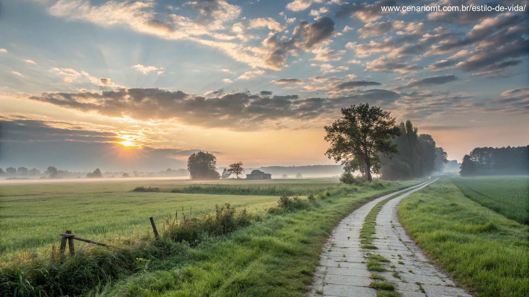 imagem de um amanhecer sereno em um campo verde, com o sol surgindo no horizonte e céu levemente nublado