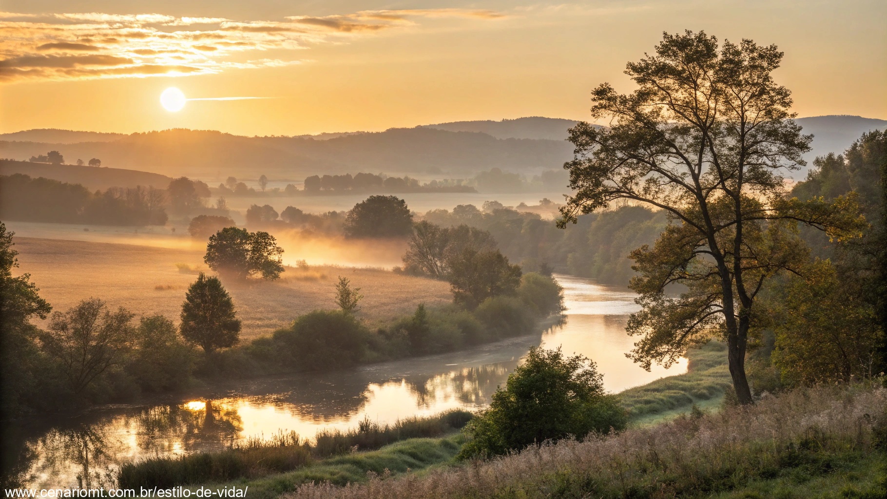 Imagem de um nascer do sol tranquilo em uma paisagem serena para inspirar reflexão.