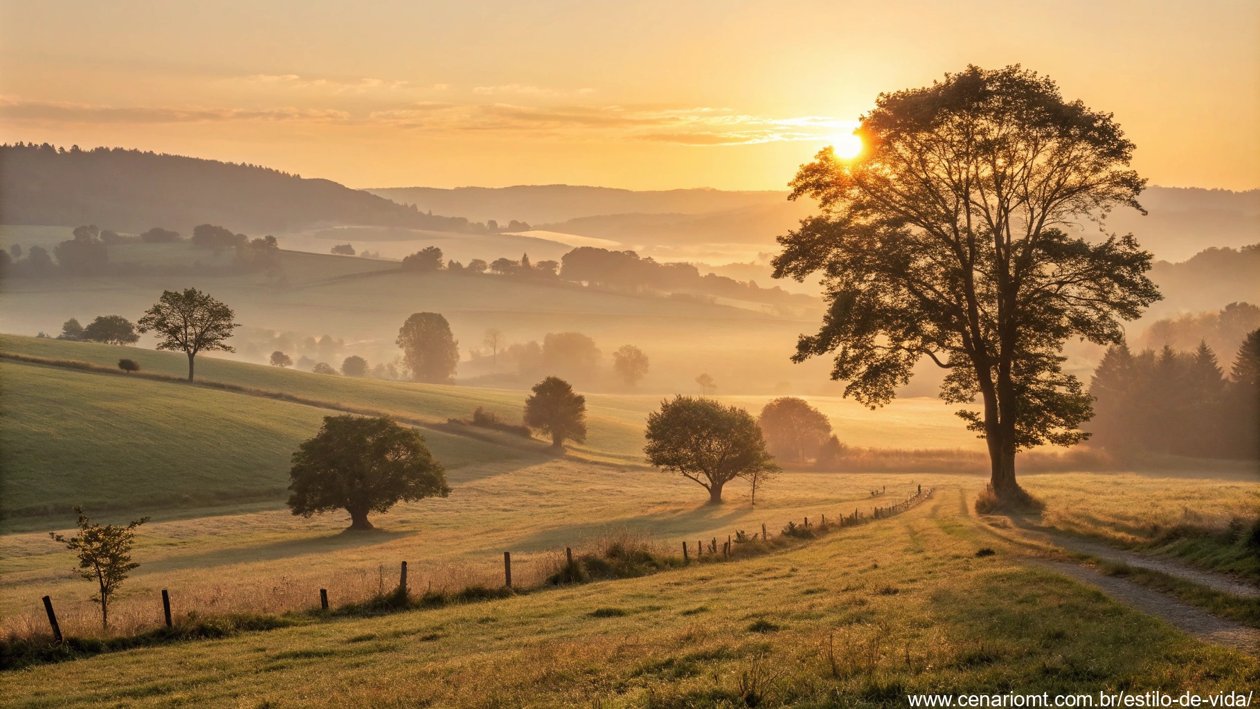 Imagem de um amanhecer tranquilo sobre uma paisagem campestre, transmitindo serenidade e reflexão.