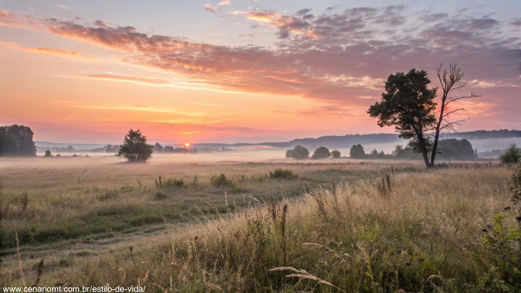 imagem de um amanhecer tranquilo em um campo sereno, refletindo inspiração e calma.