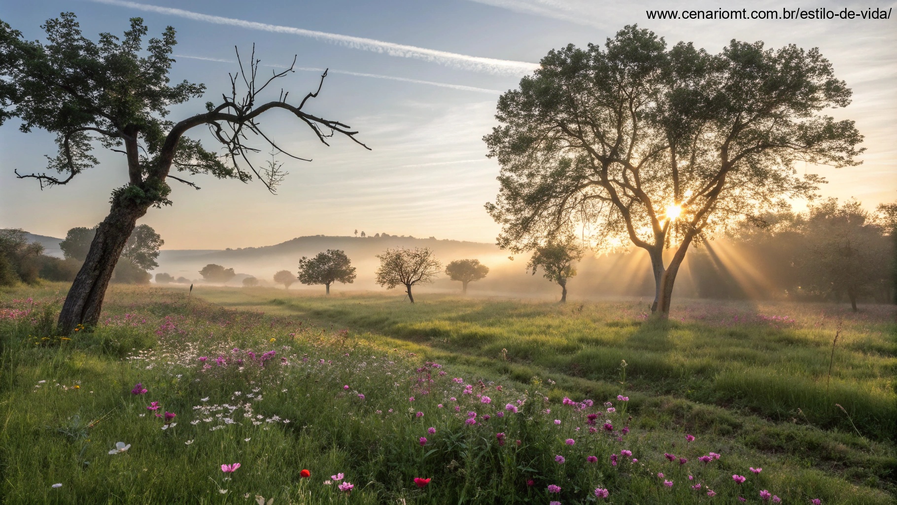 imagem de um amanhecer tranquilo com raios de sol em um campo sereno