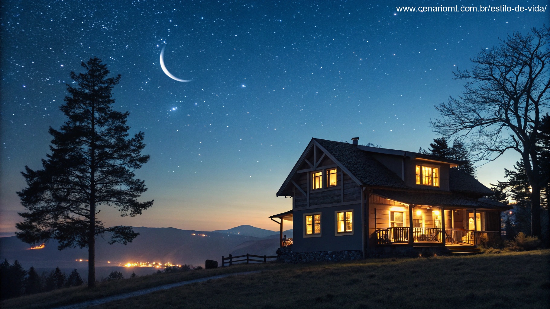 Imagem de uma noite tranquila com céu estrelado e uma lua crescente iluminando uma casa aconchegante.