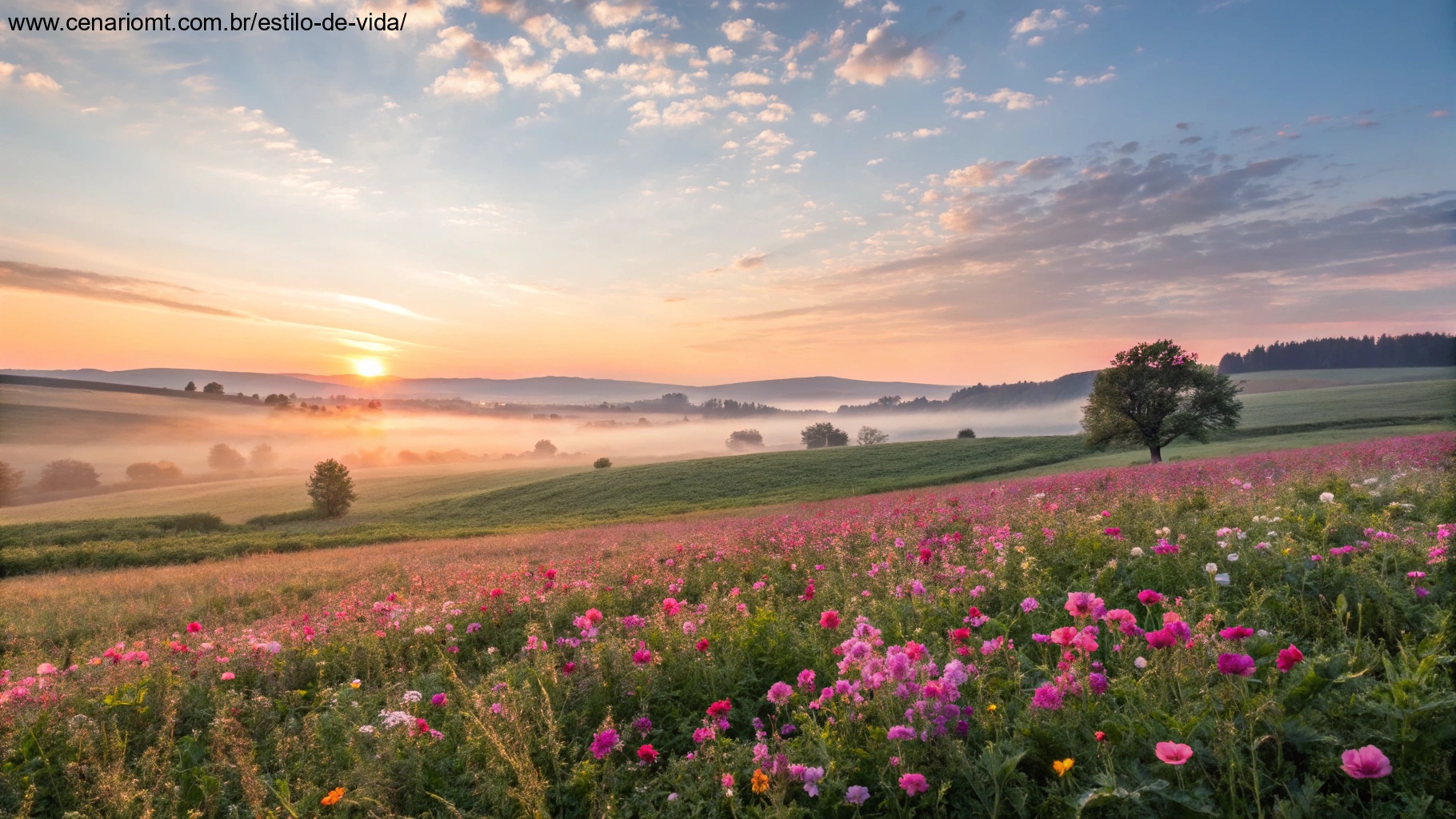 imagem de um amanhecer sereno com luz dourada sobre um campo de flores, representando paz e inspiração para uma quinta-feira abençoada