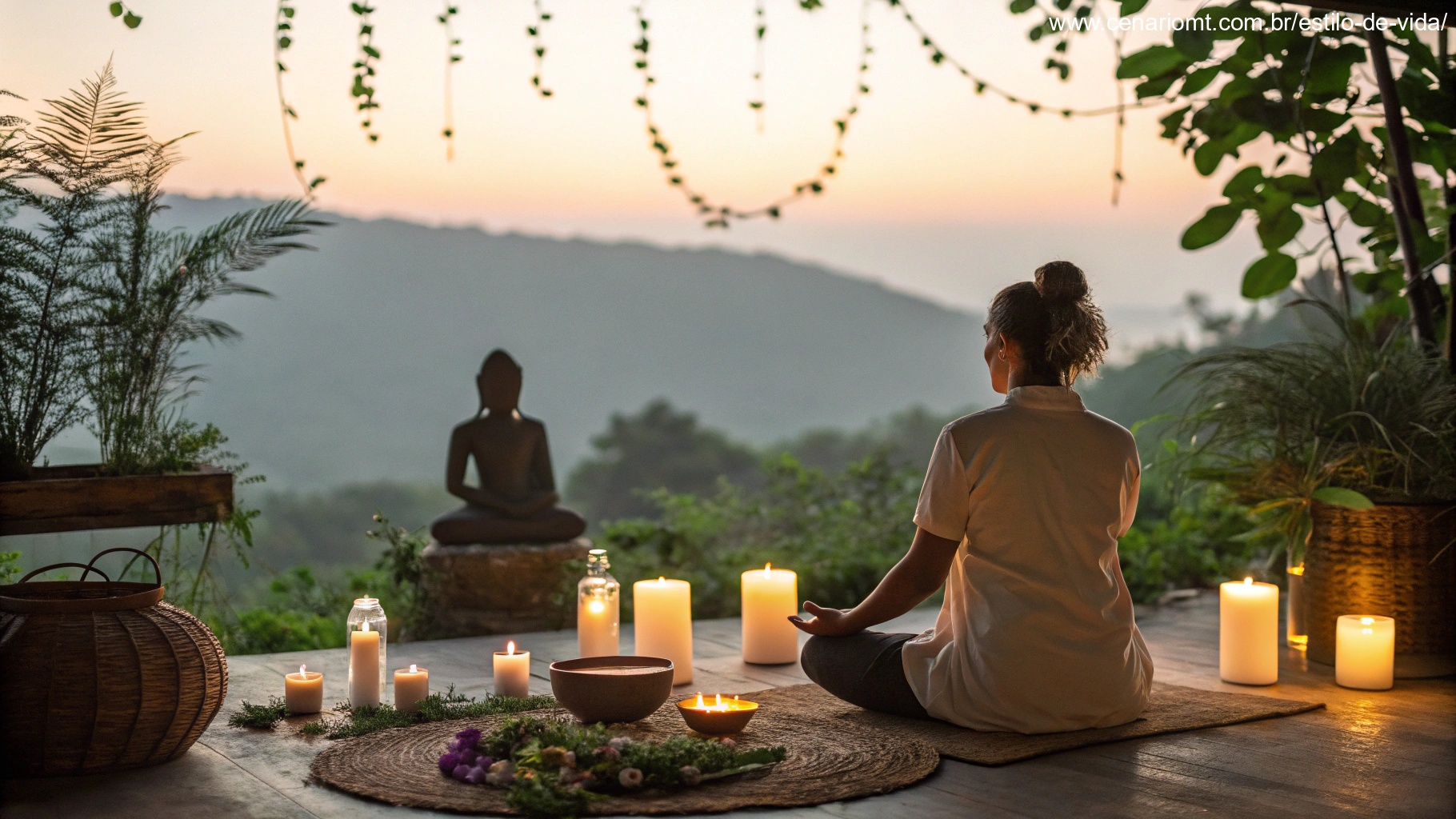 Imagem de uma pessoa meditando com velas e ervas em um ambiente tranquilo.