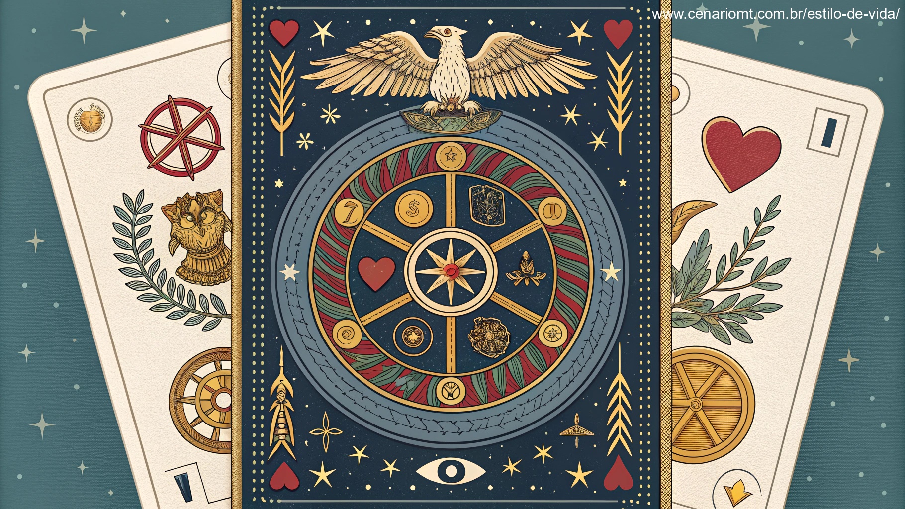 Imagem de uma carta de tarot Roda da Fortuna cercada por elementos místicos representando transformação, sorte, e equilíbrio.