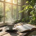 imagem de um sábado tranquilo com luz suave, café e uma Bíblia aberta em um ambiente verdejante