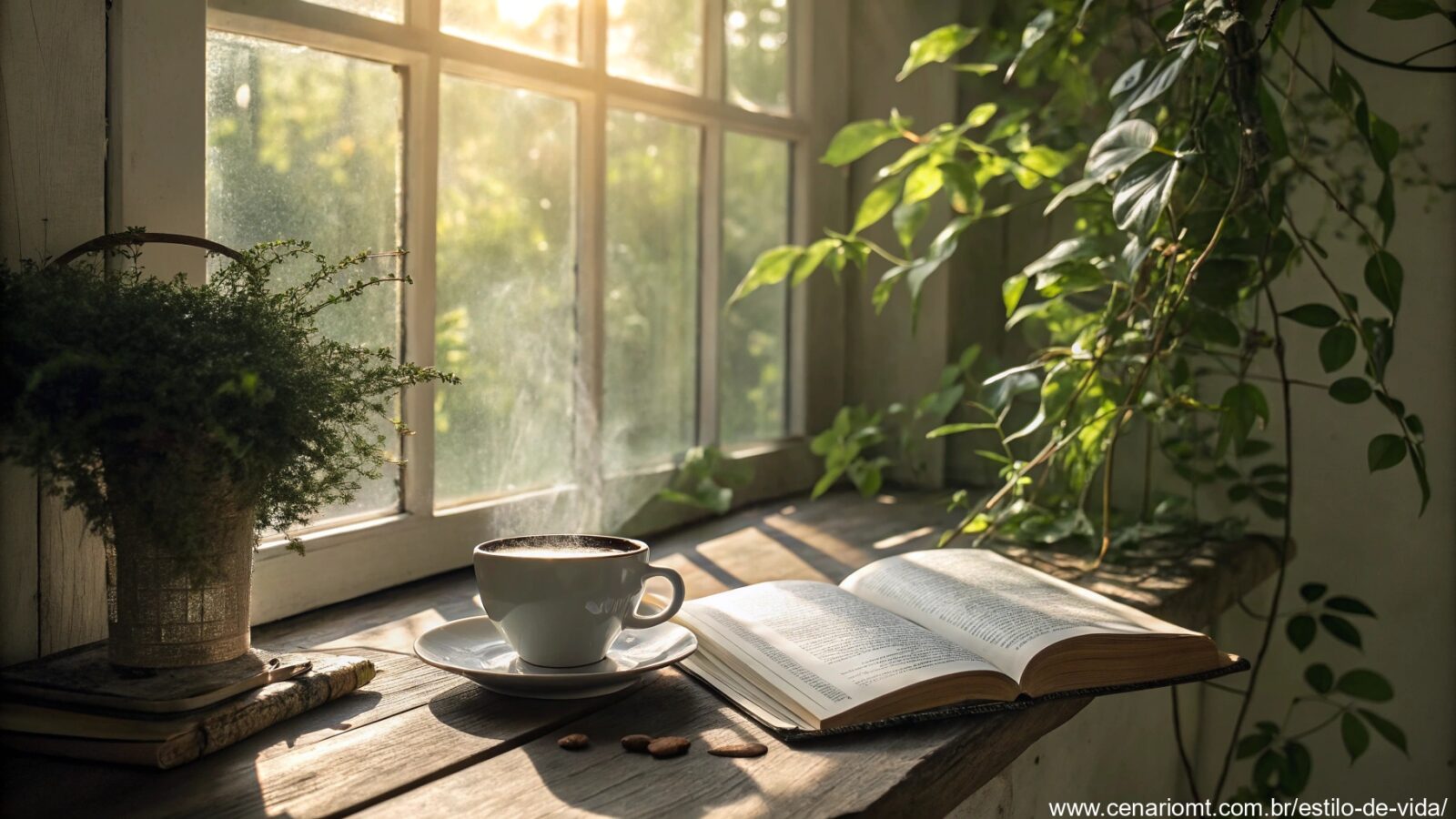 imagem de um sábado tranquilo com luz suave, café e uma Bíblia aberta em um ambiente verdejante