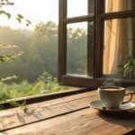 Cenário de sábado de manhã com luz do sol, xícara de café e paisagem verde, simbolizando tranquilidade.