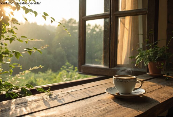 Cenário de sábado de manhã com luz do sol, xícara de café e paisagem verde, simbolizando tranquilidade.