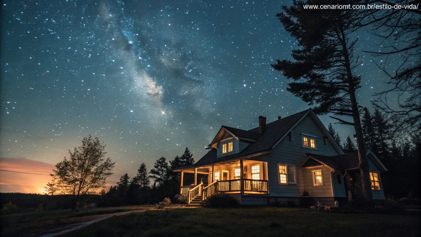 imagem de um sábado à noite sereno com céu estrelado e casa iluminada