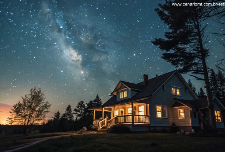 imagem de um sábado à noite sereno com céu estrelado e casa iluminada