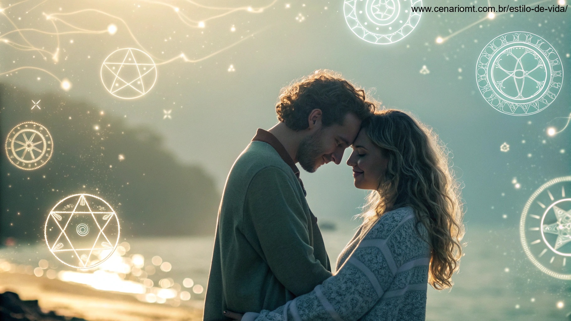 Imagem de um casal romântico em um cenário de sonho com luz etérea e símbolos abstratos.