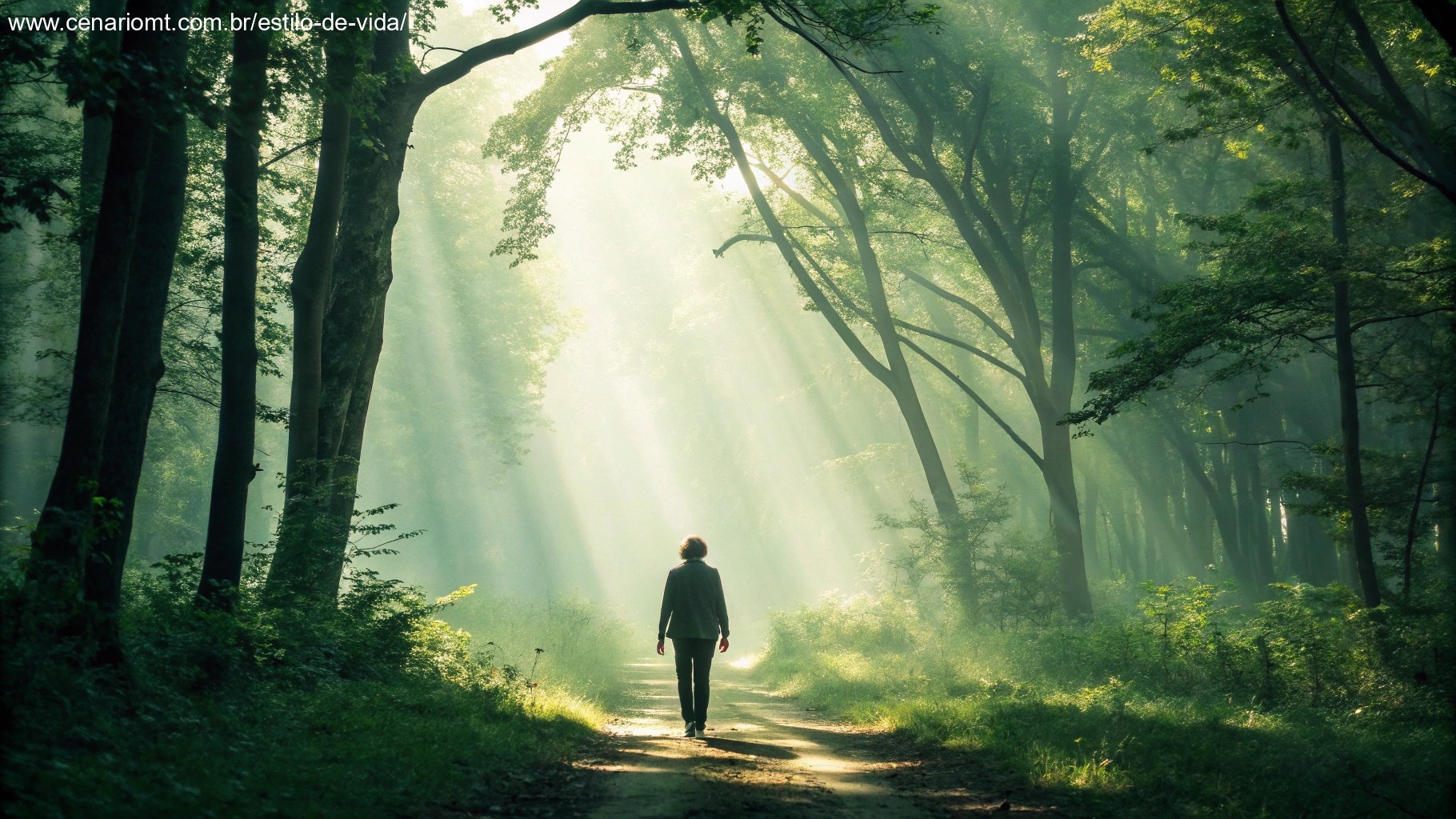 Imagem representando saúde e equilíbrio emocional, com uma pessoa em uma floresta tranquila.