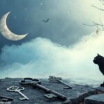 imagem de uma cena onírica com elementos simbólicos como lua crescente, chaves e gato preto em uma atmosfera mística