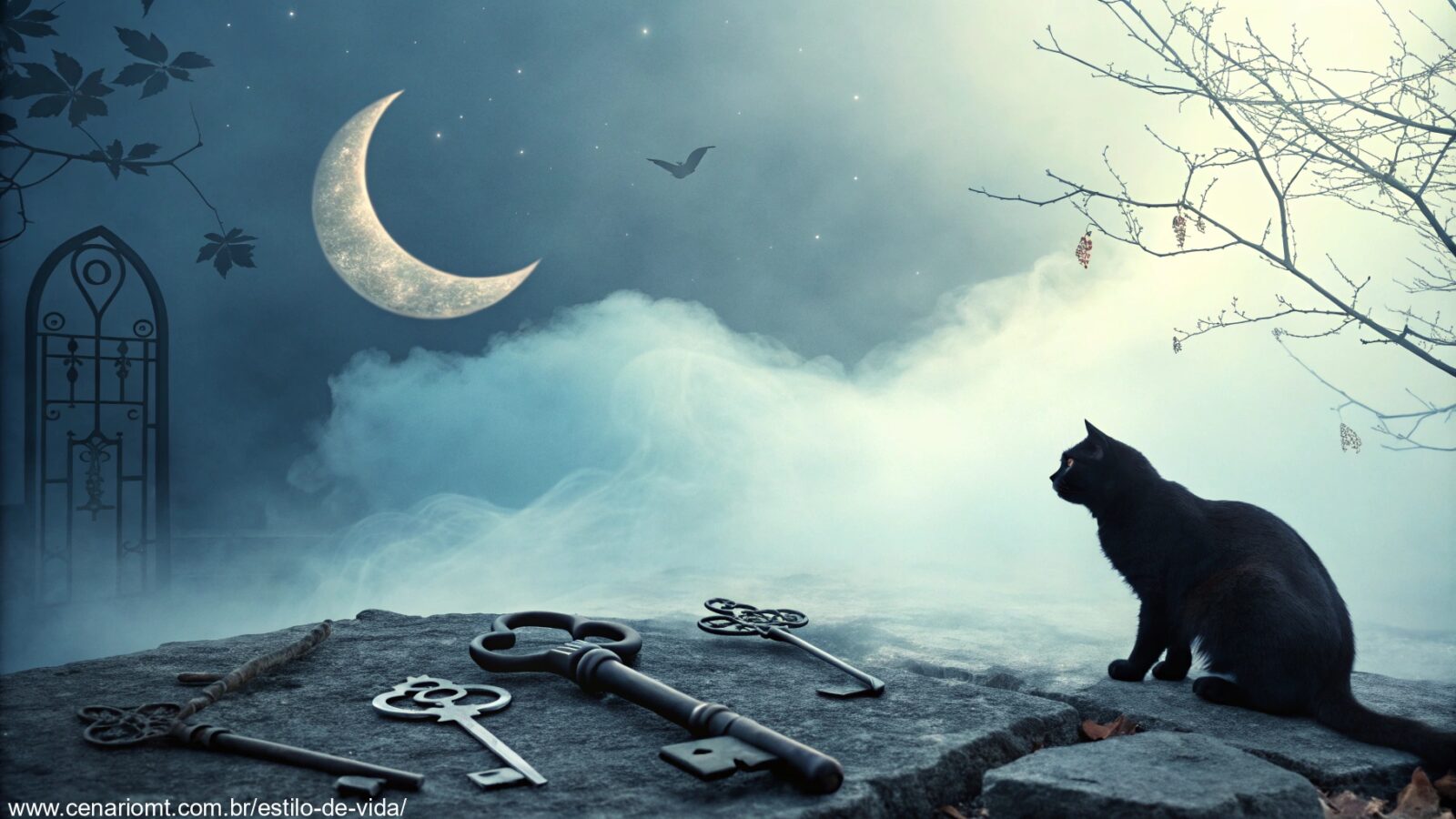 imagem de uma cena onírica com elementos simbólicos como lua crescente, chaves e gato preto em uma atmosfera mística