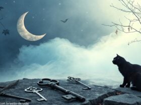 imagem de uma cena onírica com elementos simbólicos como lua crescente, chaves e gato preto em uma atmosfera mística