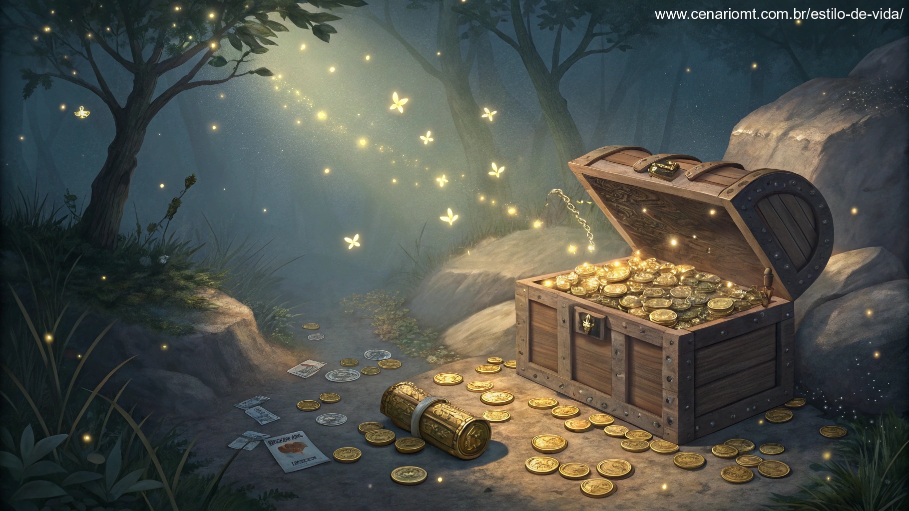 Imagem de símbolos de riqueza, como moedas e um cofre, em um cenário onírico.