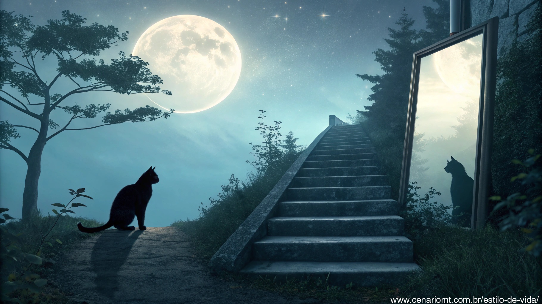 imagem de símbolos dos sonhos, como gato preto, espelho e escada, em um cenário místico