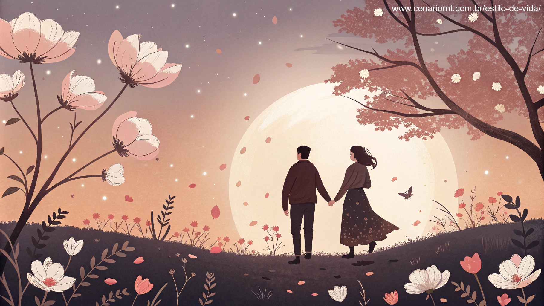 Imagem de um casal segurando as mãos sob a luz da lua, cercado por flores em um ambiente onírico.