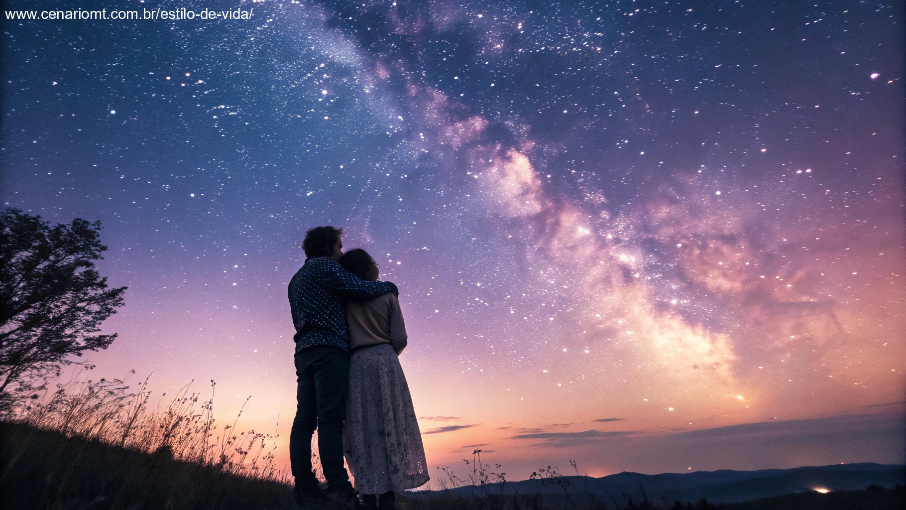 imagem de um casal romântico sob um céu estrelado, simbolizando amor e conexão