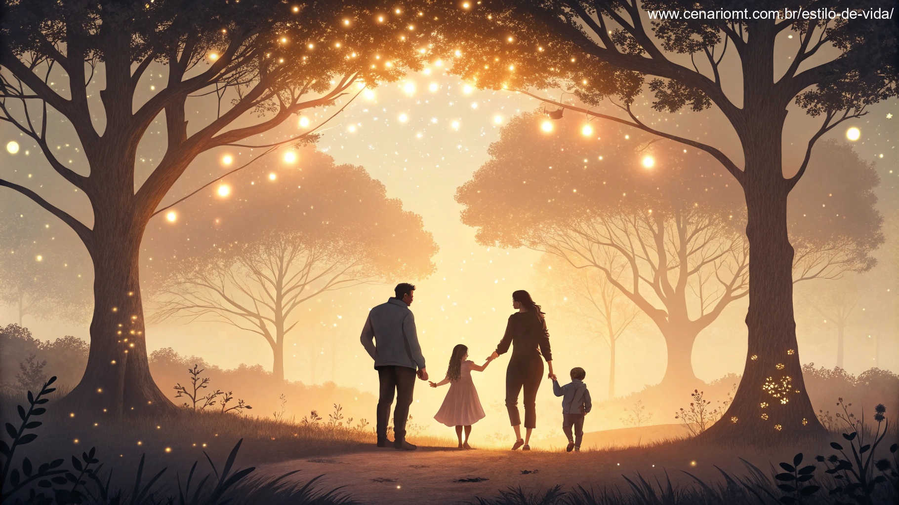 imagem de uma reunião familiar em um cenário onírico com elementos luminosos e serenos