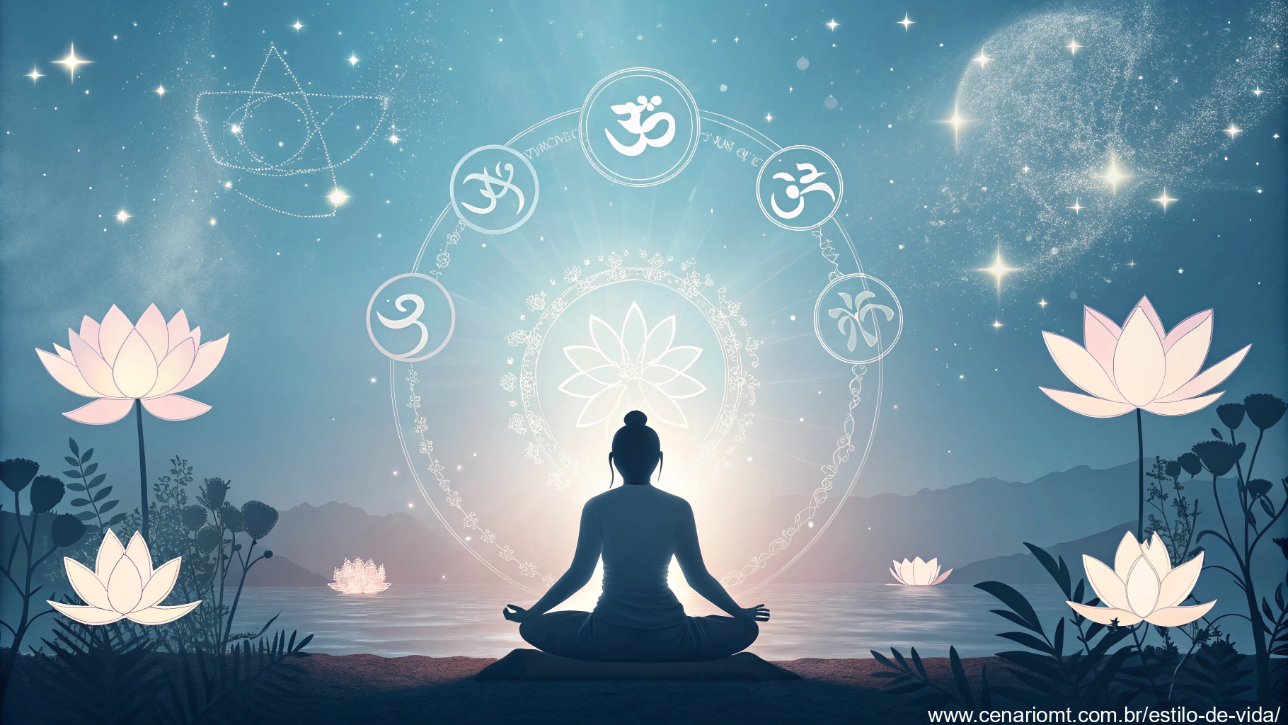 Pessoa meditando cercada por símbolos espirituais brilhantes em uma luz celestial suave