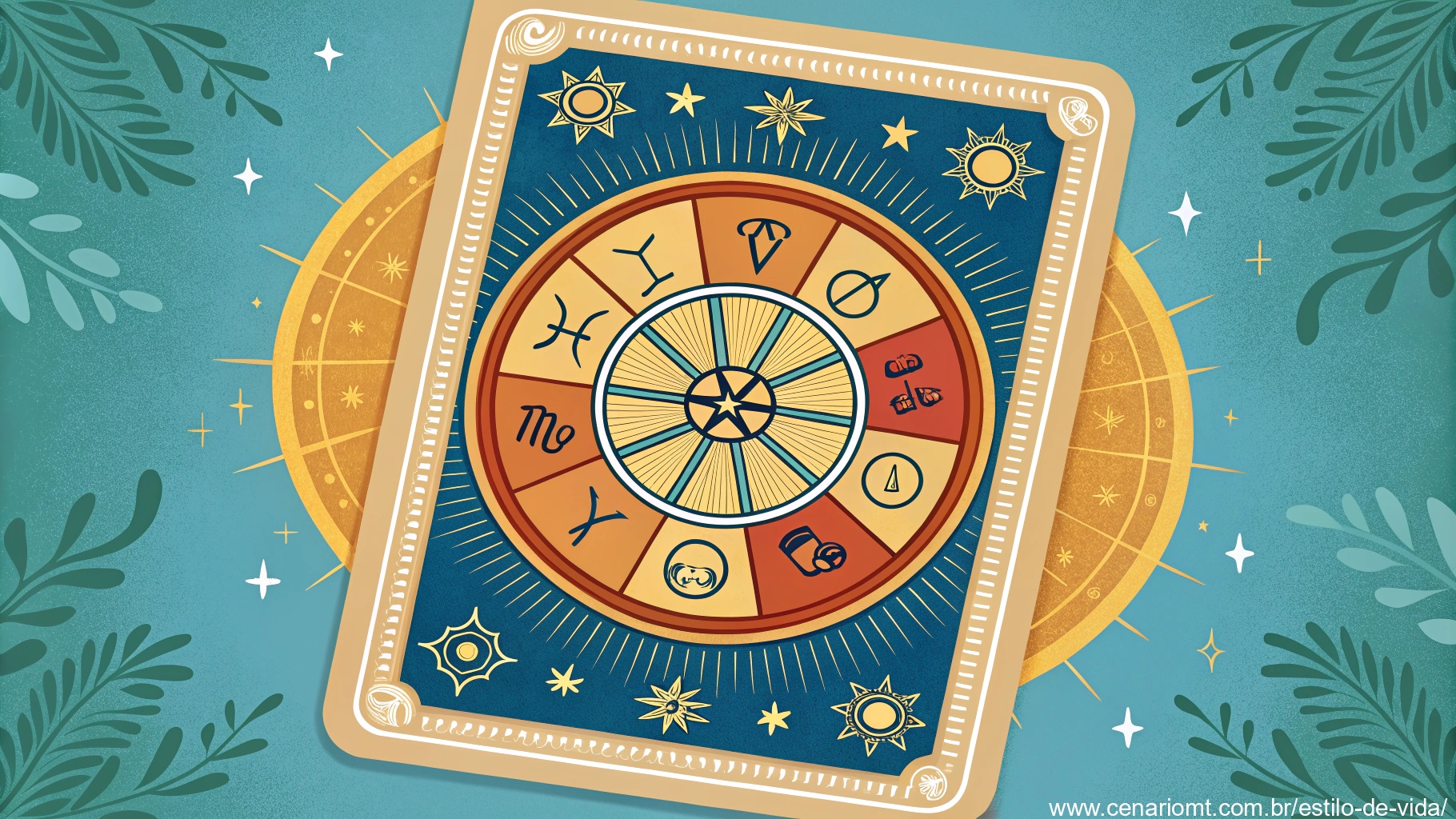 Ilustração de uma carta de tarot Roda da Fortuna cercada por símbolos místicos e uma aura dourada, simbolizando sorte e caminhos inesperados.