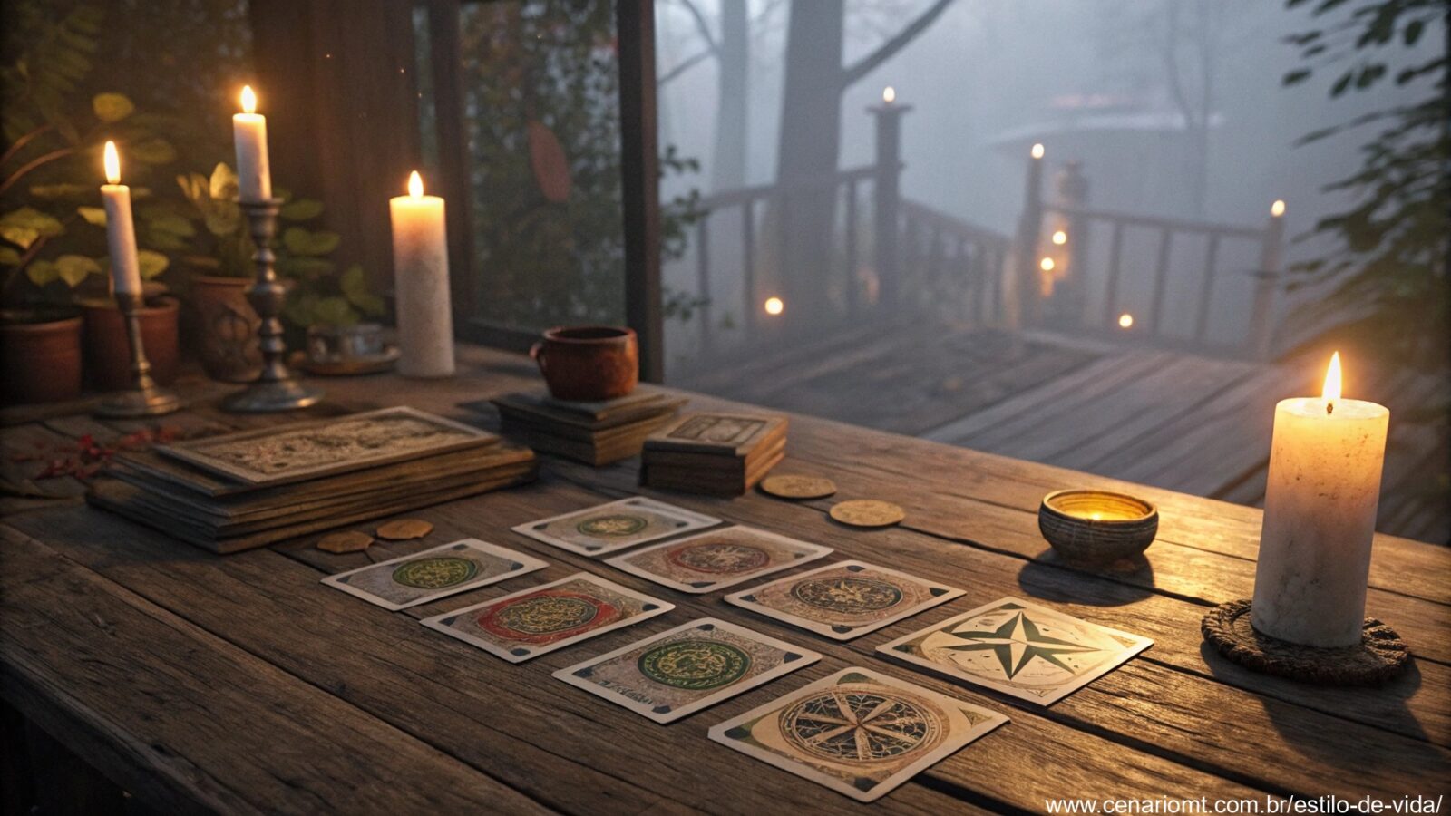 imagem de cartas de tarot sobre uma mesa de madeira com luz de velas ao fundo