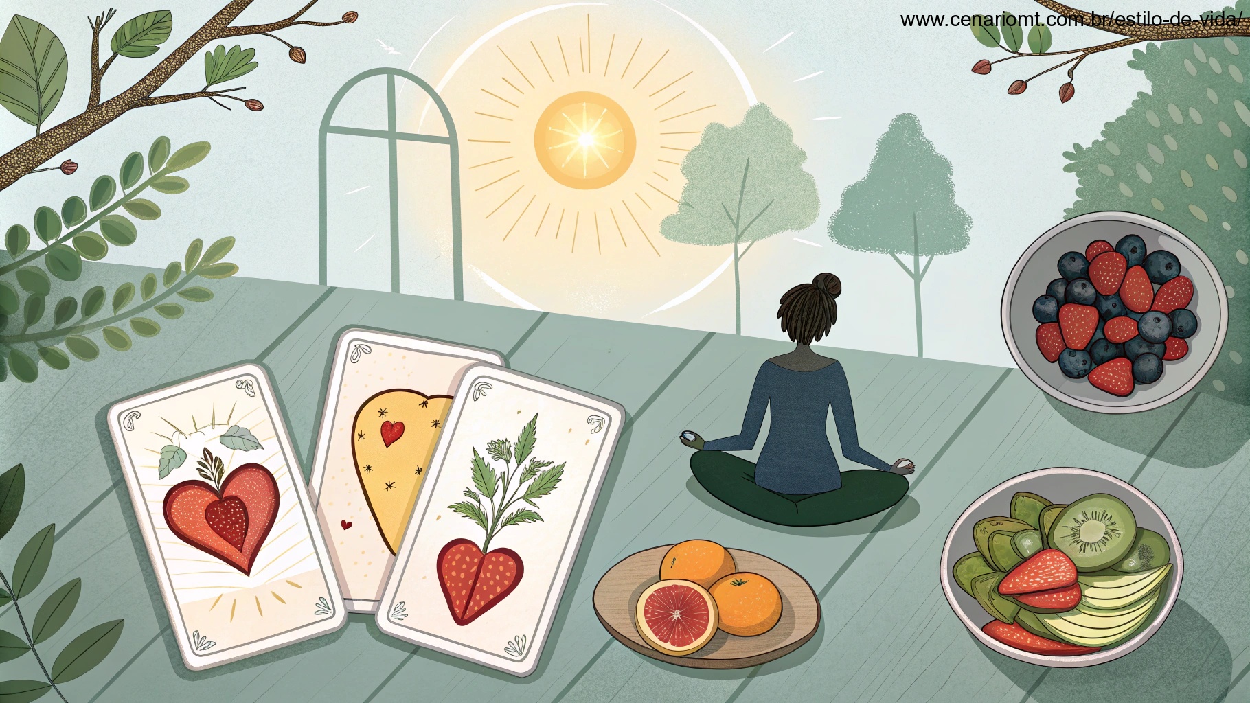 imagem de uma tiragem de cartas de tarot com símbolos de saúde e bem-estar
