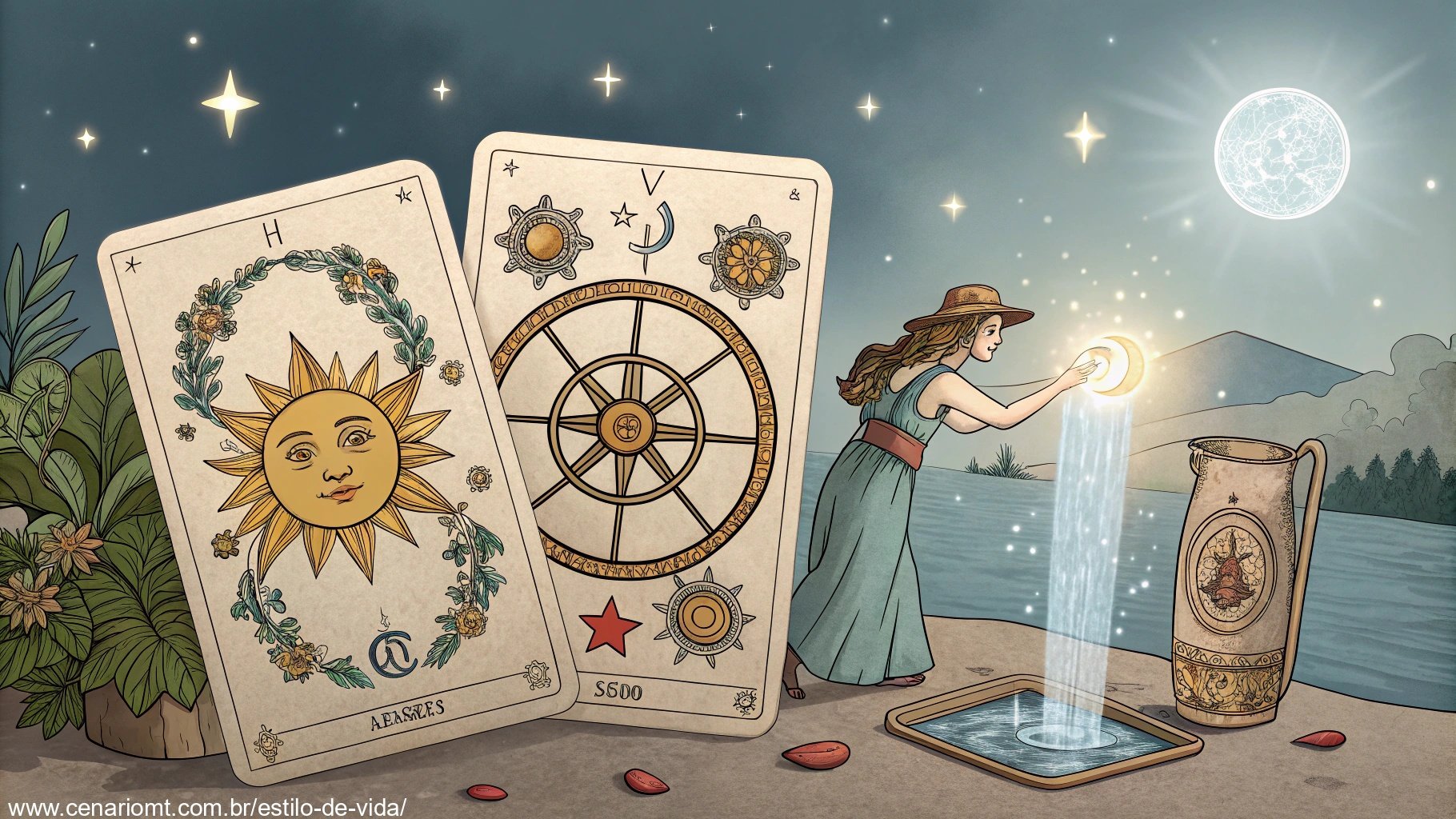 Imagem de uma tiragem de tarot com cartas como a Roda da Fortuna, o Sol e a Estrela, representando sorte e oportunidades.