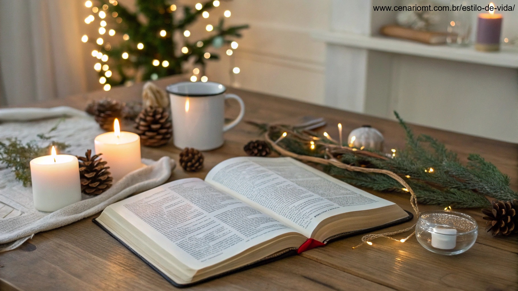 Imagem de uma Bíblia aberta em um ambiente decorado para o Natal, com velas e luzes ao fundo.