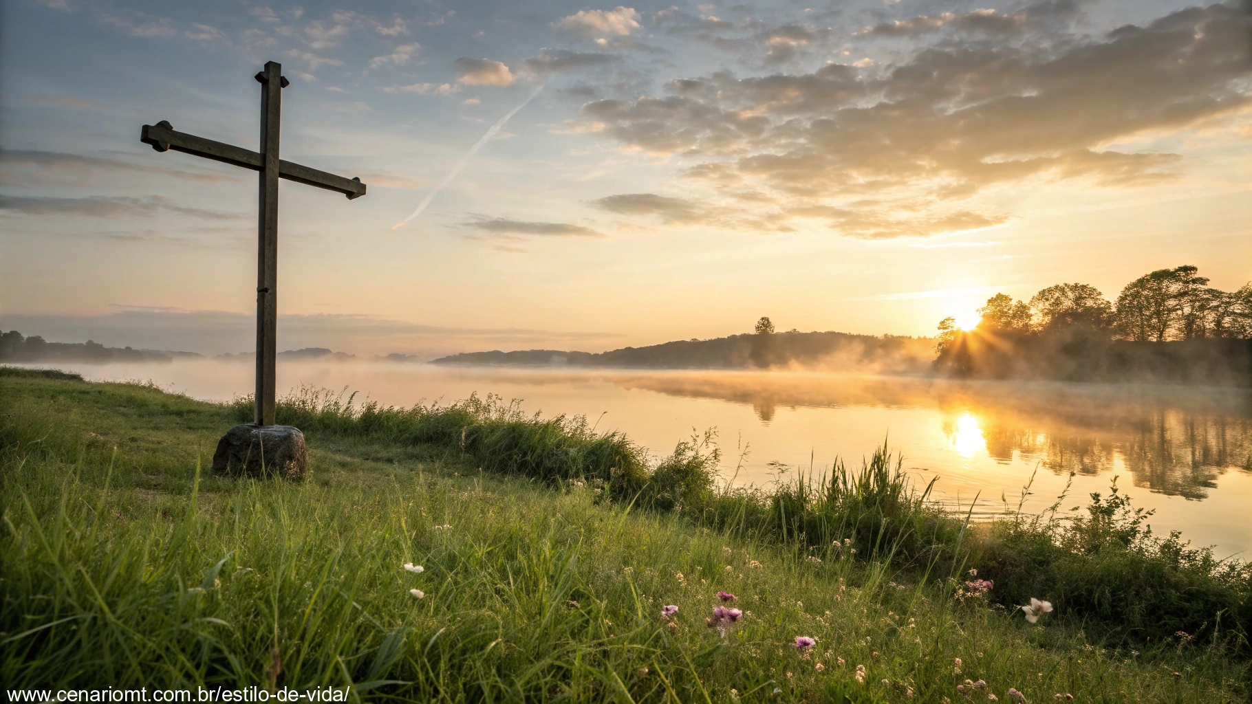 Imagem serena de uma paisagem com luz suave do amanhecer, simbolizando a paz e a inspiração dos versículos bíblicos para começar a semana com fé.