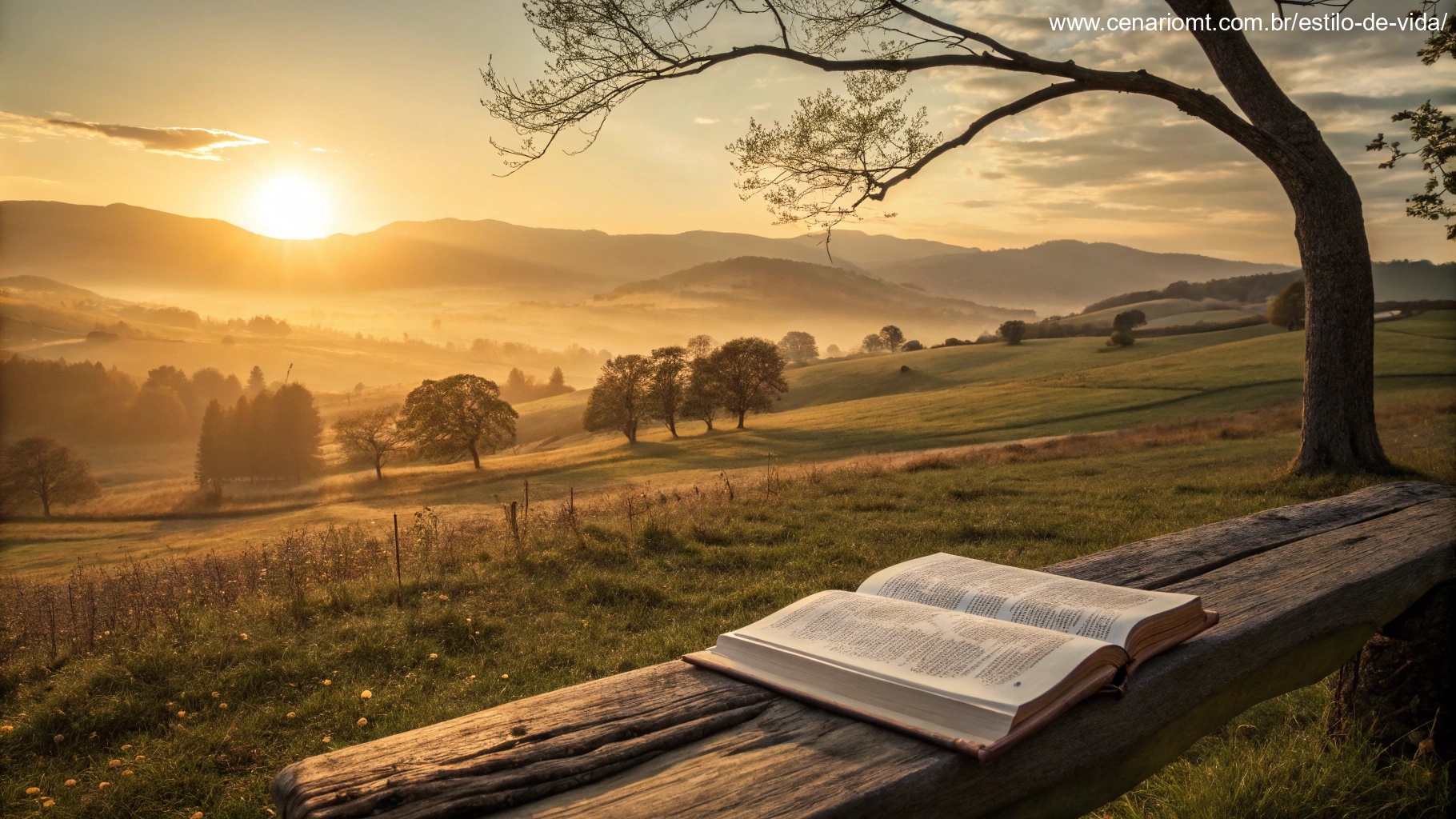 Imagem de uma Bíblia aberta ao amanhecer com paisagem tranquila ao fundo, simbolizando inspiração e fé para começar a quinta-feira.