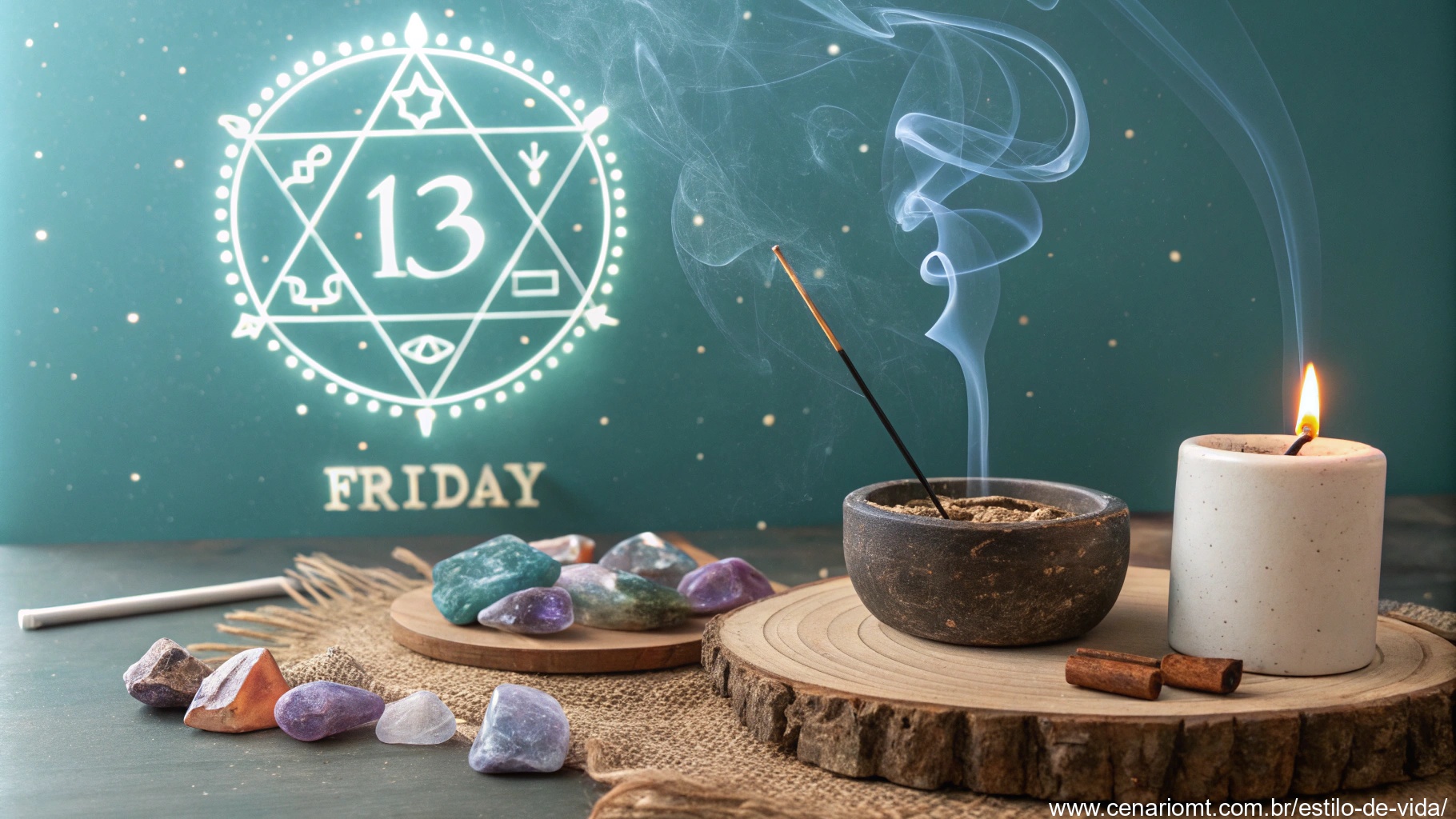 Imagem de vibrações espirituais e energias na Sexta-feira 13 com cristais e luzes místicas.