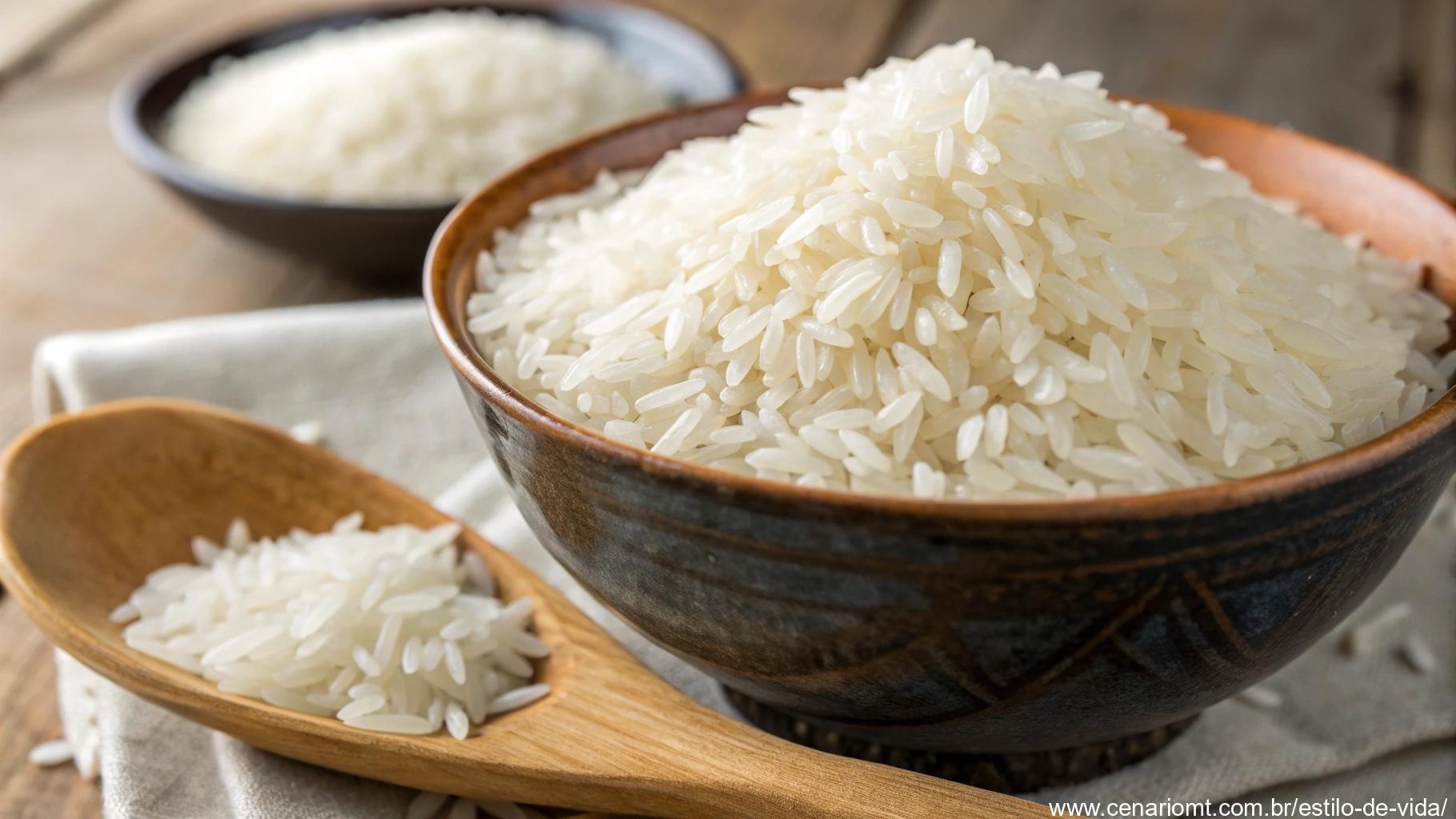 Arroz em um recipiente, pronto para armazenamento.