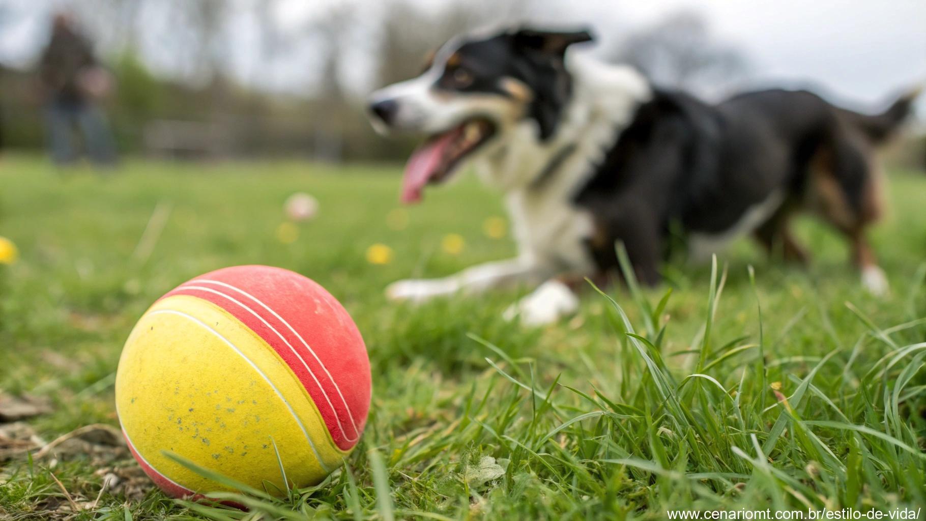 Bola de borracha resistente para cães, colocada em um campo gramado.