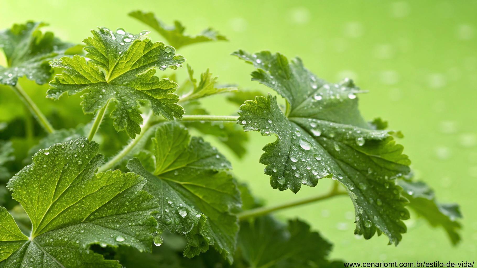 Folhas frescas de citronela com gotas de água sobre elas, em um fundo verde brilhante.